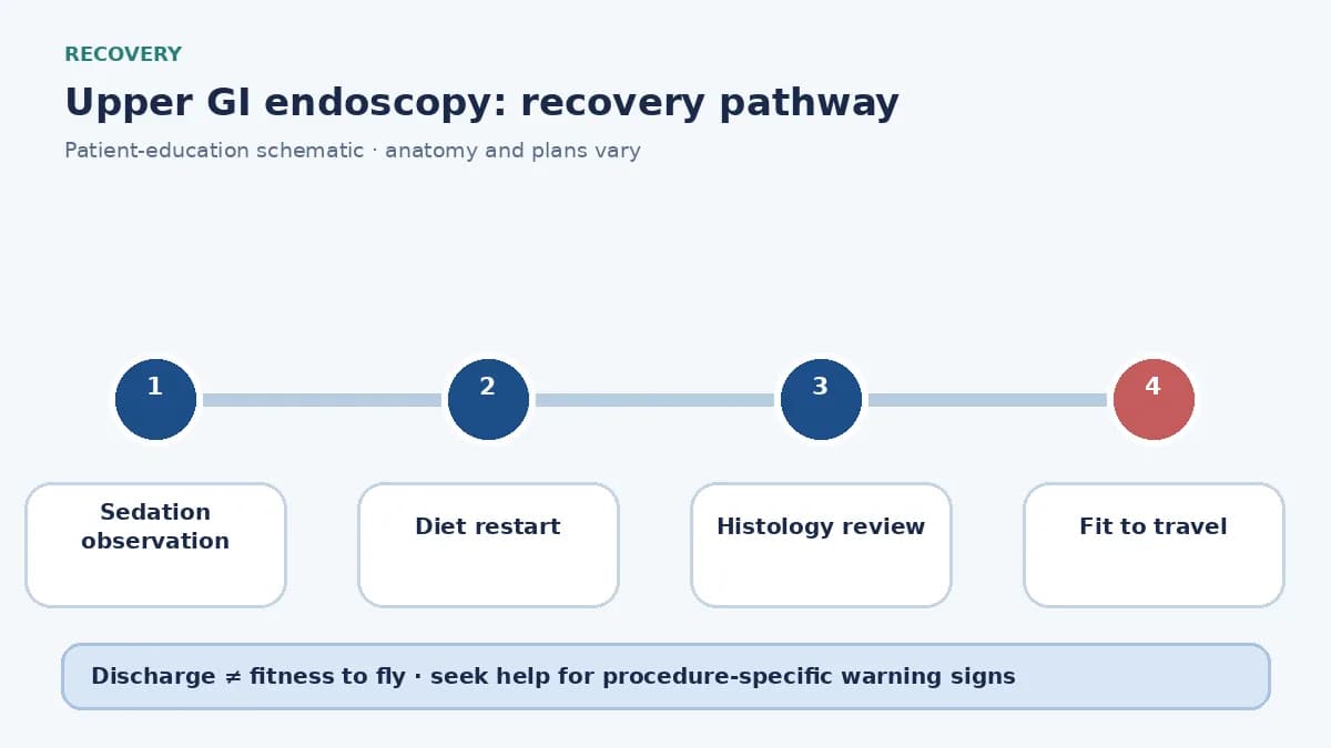 Upper GI endoscopy recovery pathway showing sedation observation, diet restart and travel clearance