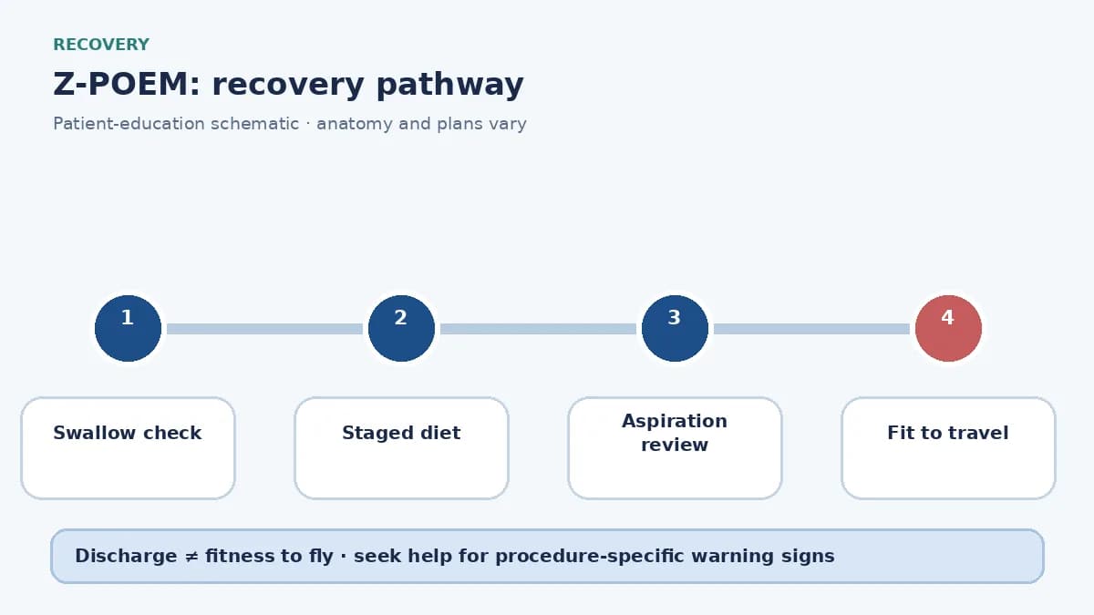 Z-POEM recovery pathway showing swallow check, staged diet and travel clearance