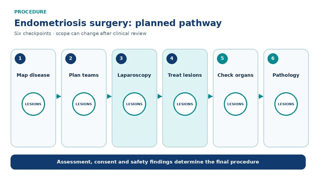 Numbered endometriosis surgery pathway showing mapping, multidisciplinary planning, laparoscopy, lesion treatment, organ checks and pathology