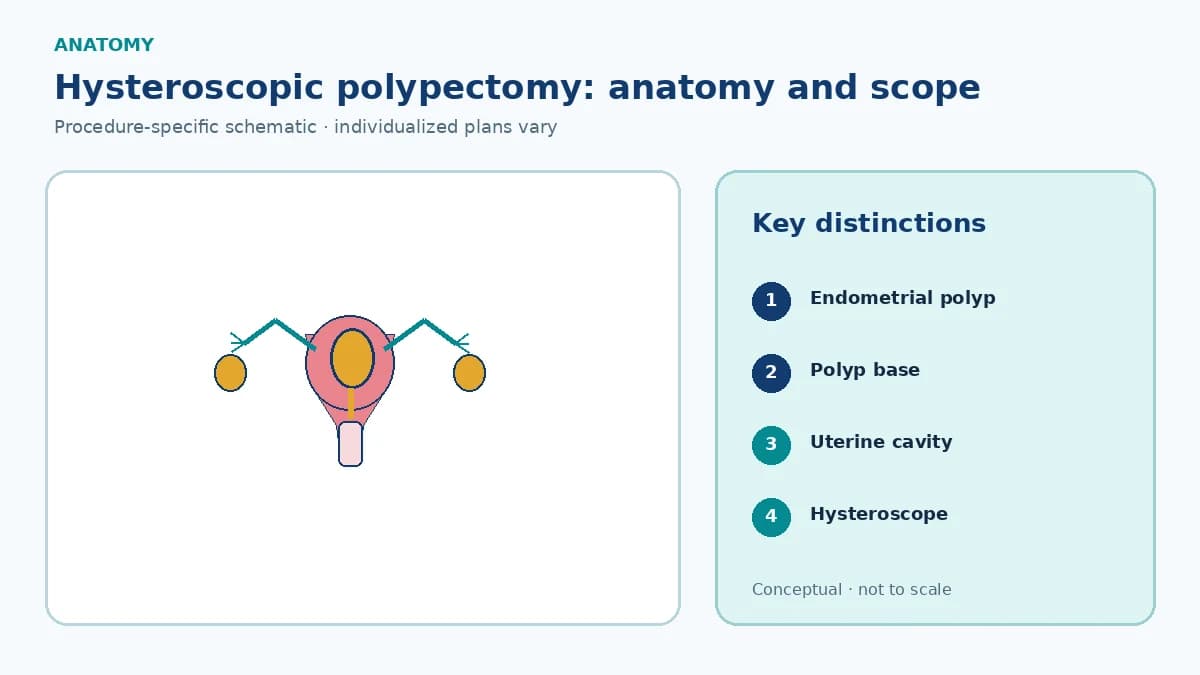 Patient-education uterine cavity schematic showing a focal endometrial polyp and stalk compared with the surrounding lining and transcervical hysteroscope