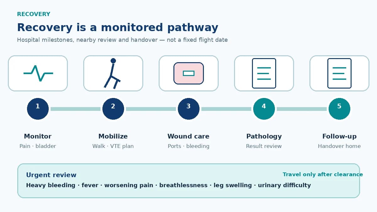 Laparoscopic hysterectomy recovery pathway showing monitored recovery, early mobility and VTE prevention, incision care, pathology review and follow-up