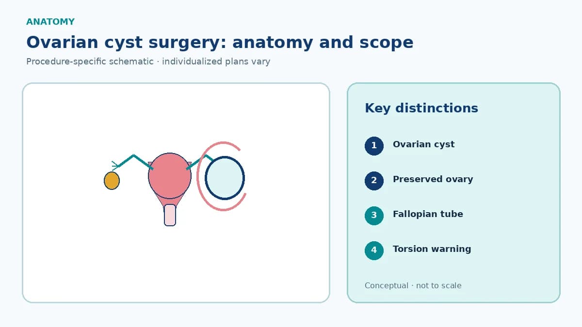 Patient-education adnexal schematic showing an ovarian cyst compressing preserved ovarian tissue, the fallopian tube and a separate torsion twist warning