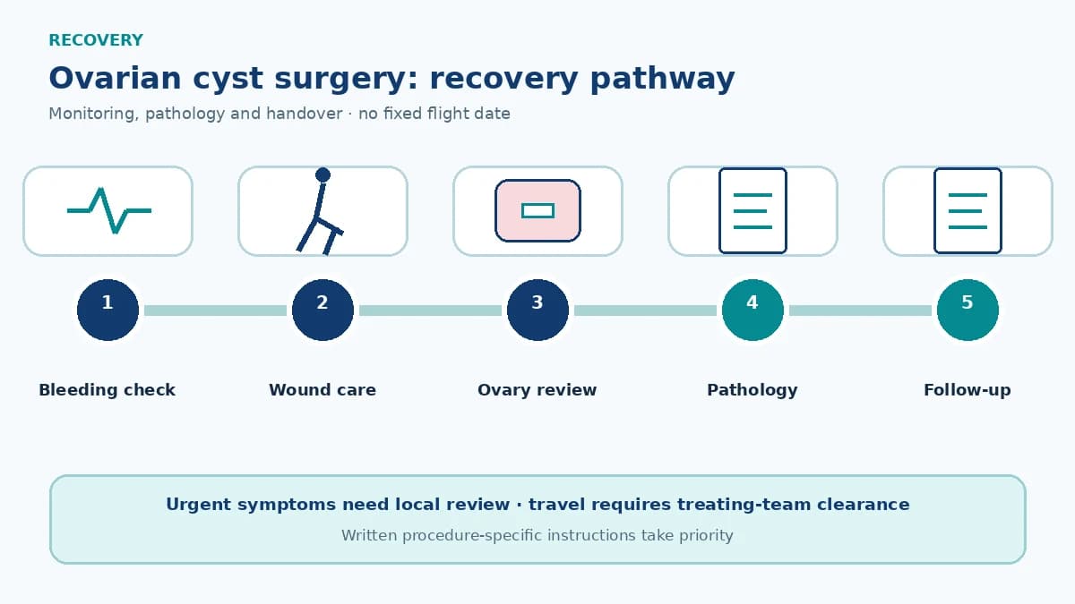 Ovarian cyst surgery recovery pathway showing bleeding and torsion warnings, wound care, ovarian preservation review, pathology and follow-up
