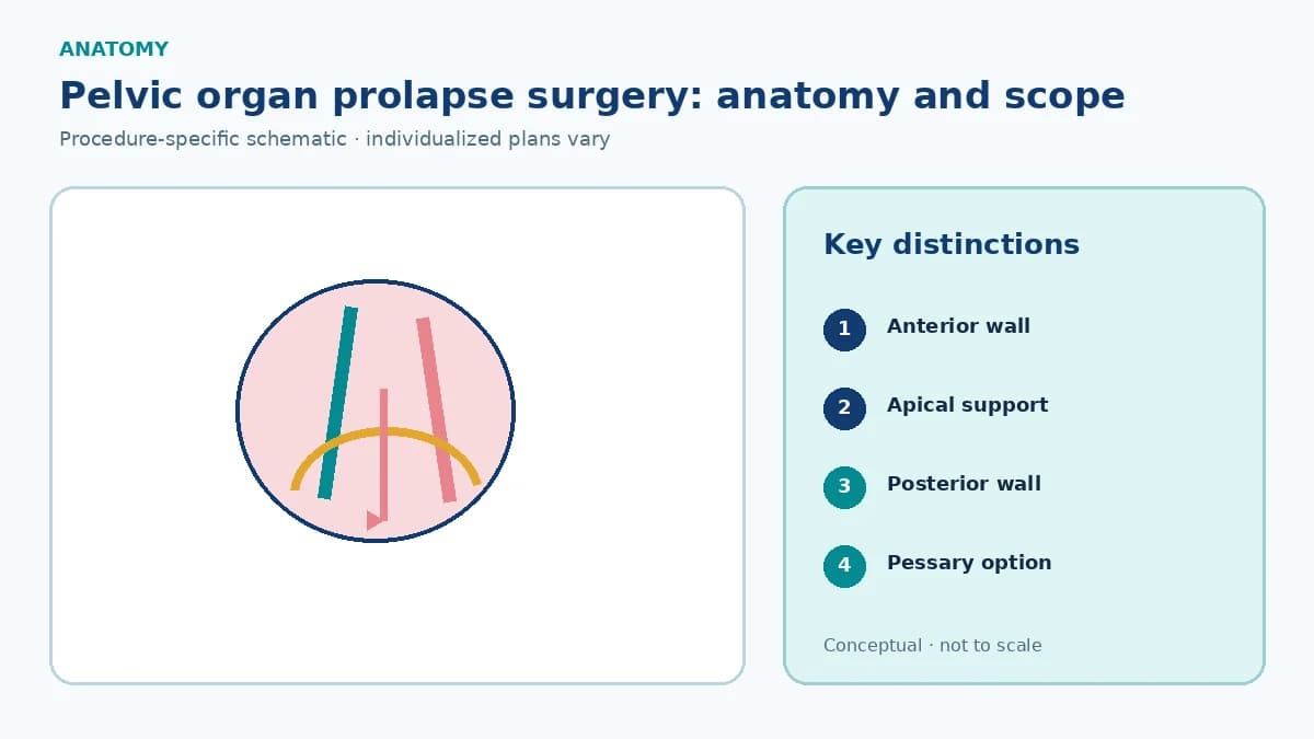 Patient-education sagittal pelvic schematic showing anterior bladder, apical uterus or vault and posterior rectal prolapse compartments