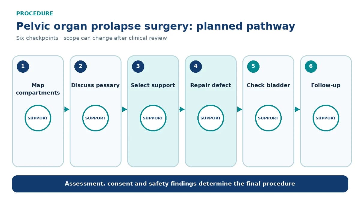 Numbered prolapse surgery pathway showing compartment examination, pessary alternative, route and support selection, repair, bladder check and follow-up