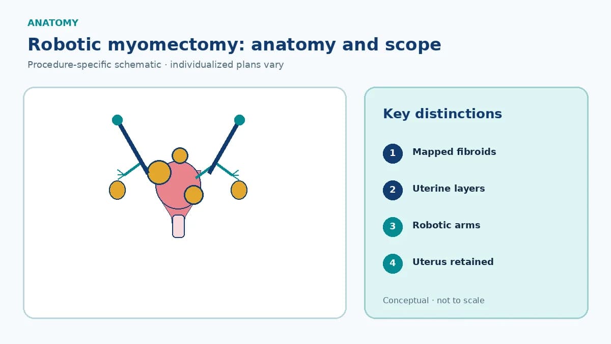Patient-education uterine schematic showing multiple FIGO-related fibroids and robotic wristed instruments positioned for uterine-sparing repair