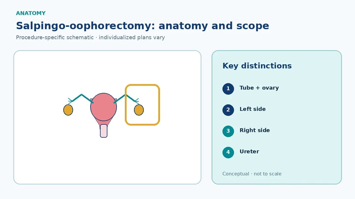 Patient-education adnexal schematic showing each fallopian tube attached to its ovary and unilateral versus bilateral salpingo-oophorectomy scope