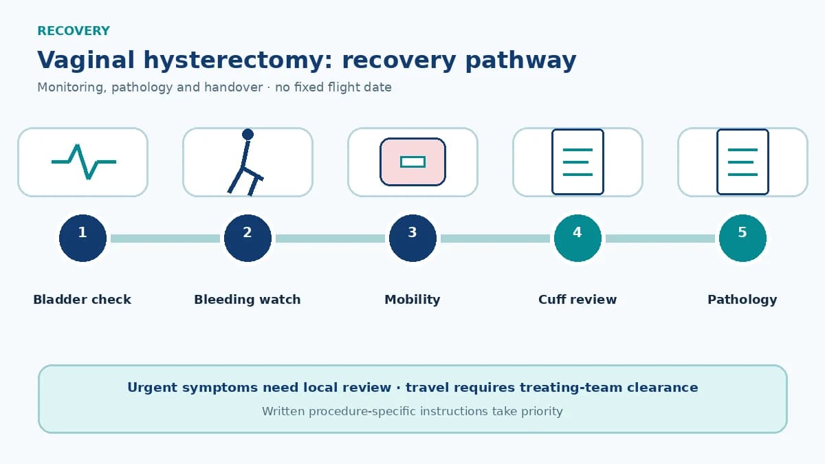 Vaginal hysterectomy recovery pathway showing bladder checks, vaginal bleeding review, mobility and VTE prevention, cuff follow-up and pathology