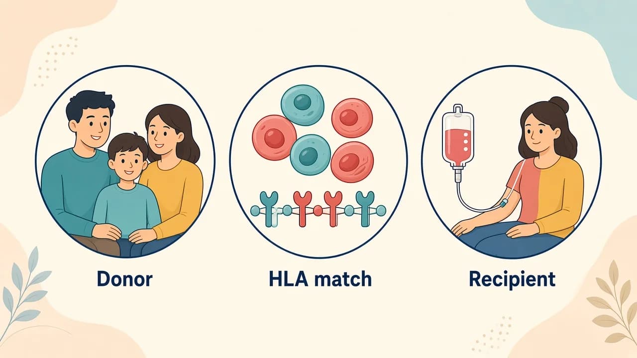 Medical illustration of an HLA-selected donor graft, conditioning, infusion and immune recovery after allogeneic transplant