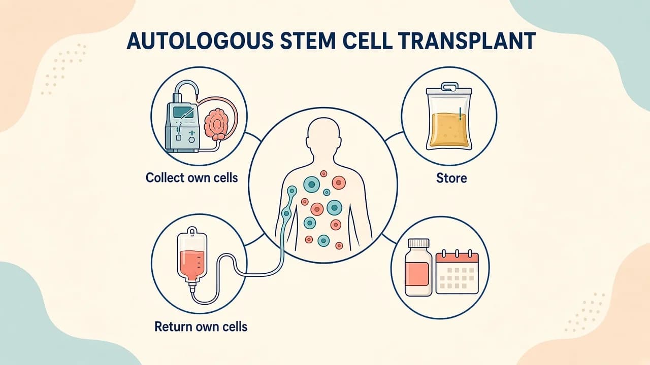 Medical illustration of a patient's stem cells being collected, cryopreserved and returned after high-dose conditioning