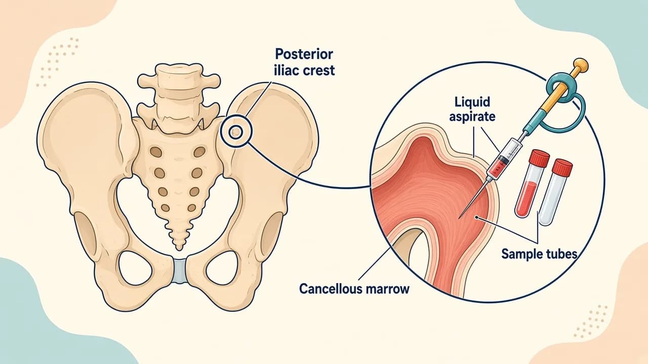 Medical illustration of liquid bone marrow being aspirated into specimen tubes for morphology, flow and genetic testing
