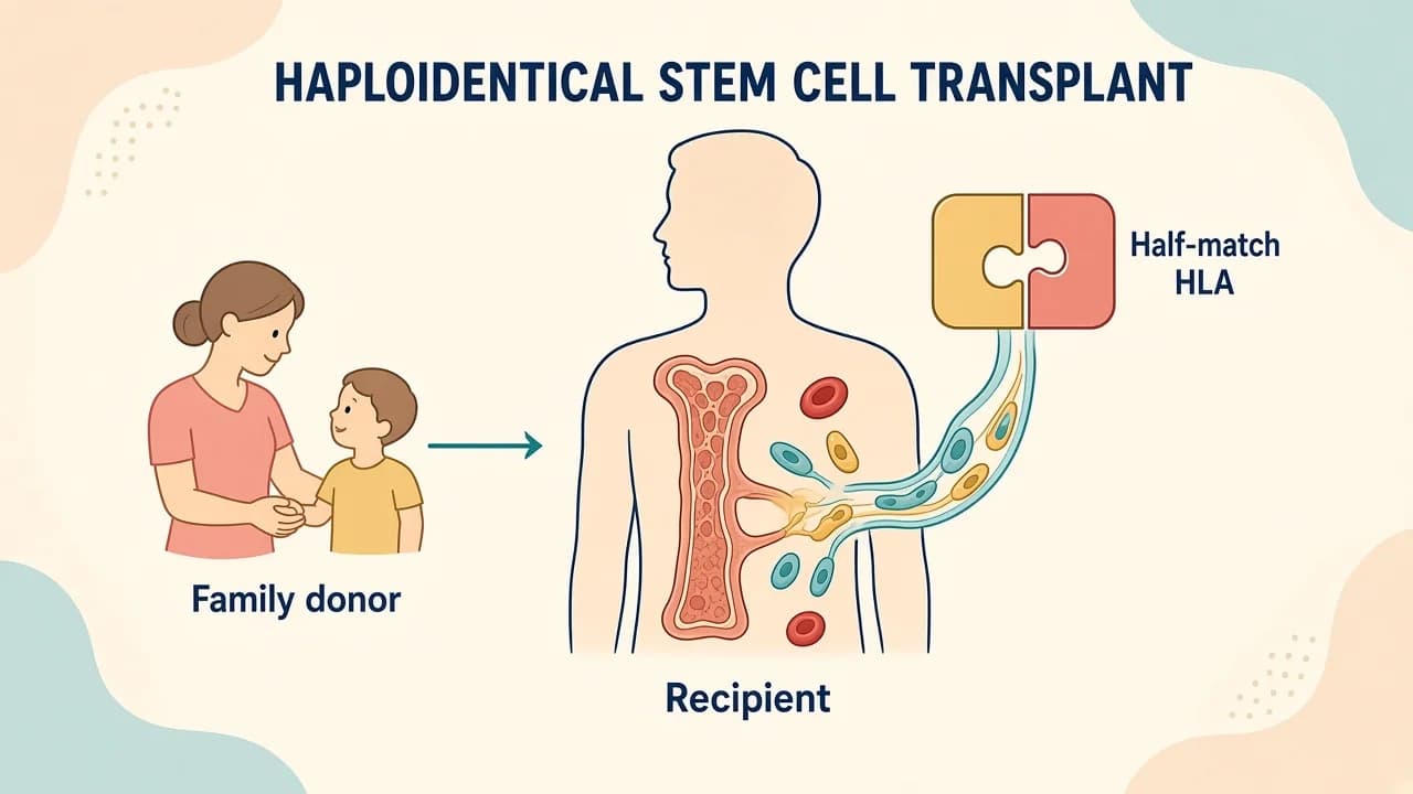 Medical illustration of a half-matched family donor, graft preparation, post-transplant immune control and engraftment