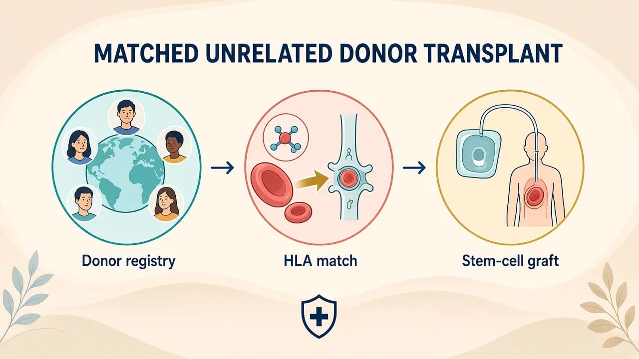Medical illustration of registry HLA matching, unrelated donor collection, graft courier transport and recipient infusion