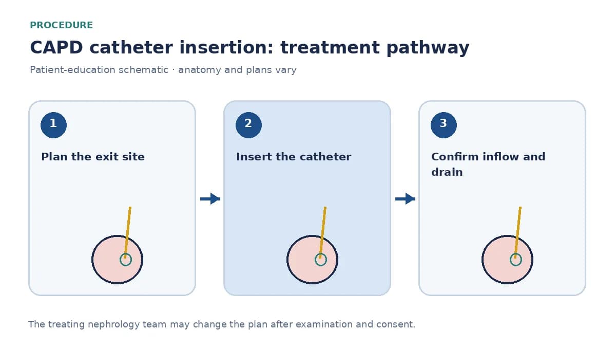 Step-by-step CAPD-catheter pathway showing abdominal assessment, insertion and a flush check
