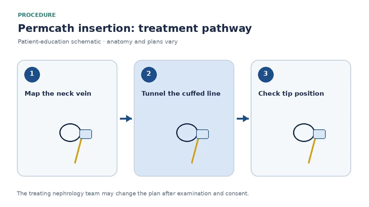 Step-by-step permcath pathway showing vein mapping, tunnelled insertion and tip-position check