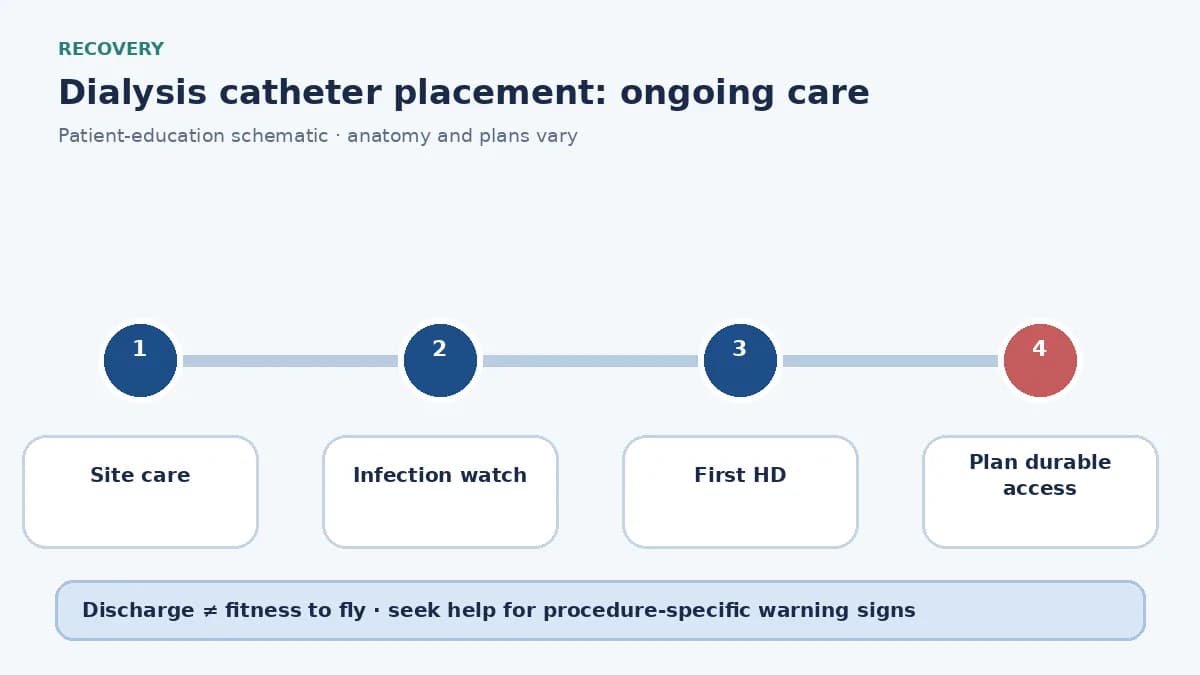 Dialysis-catheter recovery pathway showing site care, infection watch and planned conversion to durable access