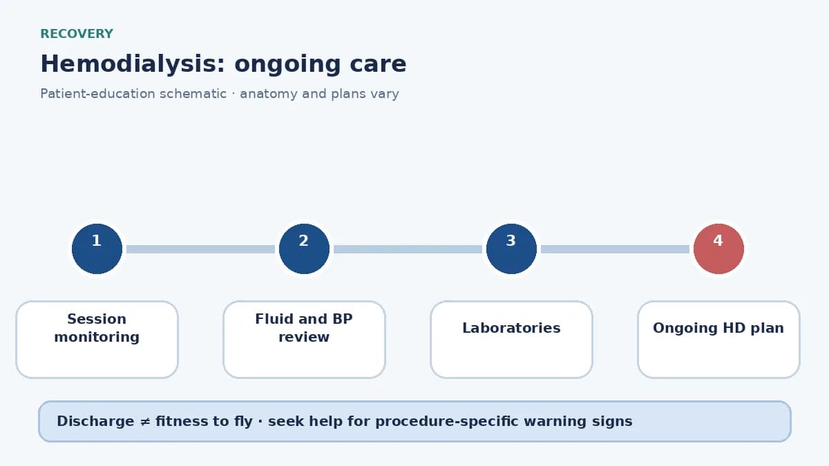Hemodialysis ongoing-care pathway showing fluid targets, access-site care and travel clearance between sessions