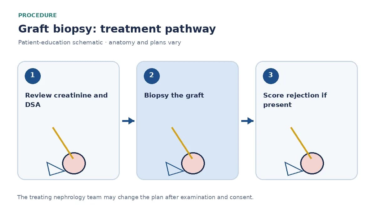 Step-by-step graft-biopsy pathway showing DSA review, sampling of the allograft and Banff pathology