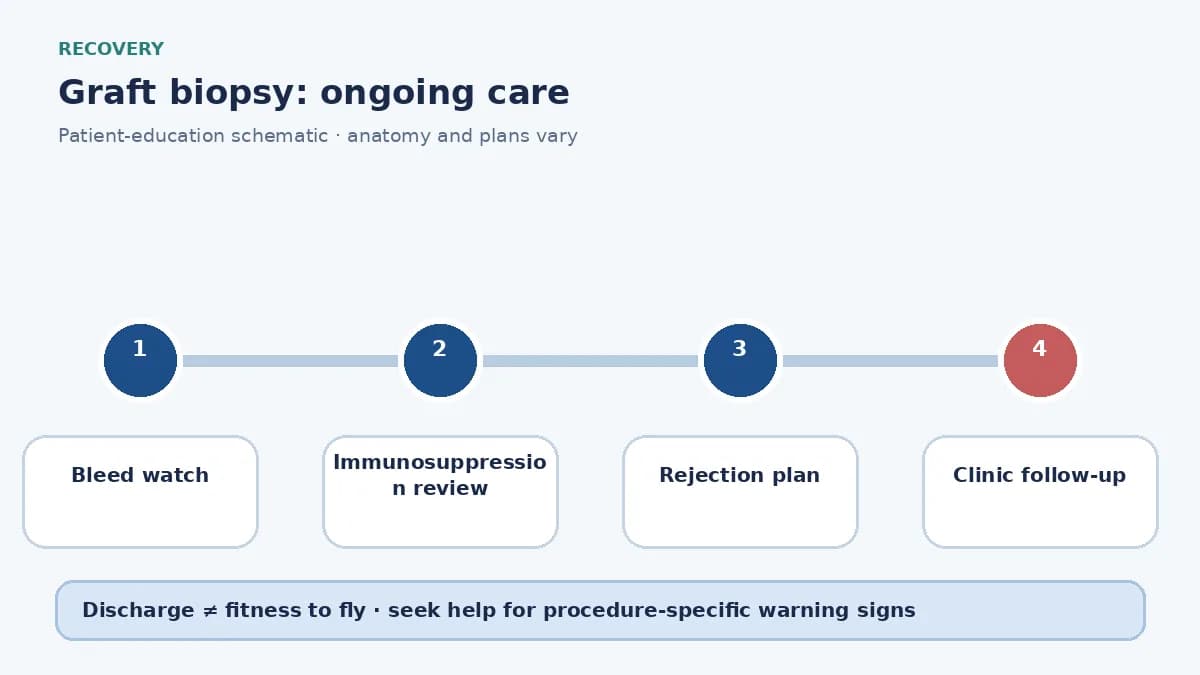 Graft-biopsy recovery pathway showing bleed watch, immunosuppression review and rejection-treatment planning