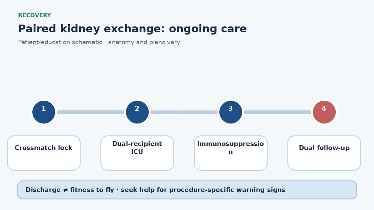 Paired-exchange follow-up pathway showing dual-recipient immunosuppression and laboratory monitoring
