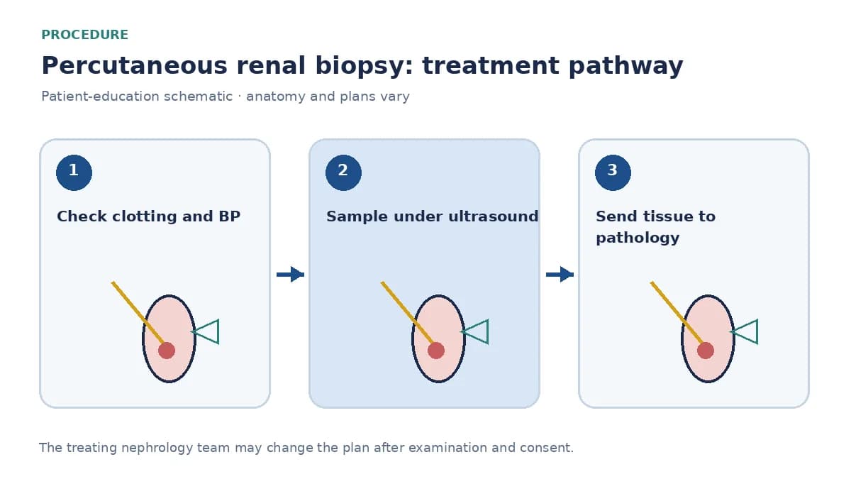 Step-by-step kidney-biopsy pathway showing laboratory checks, ultrasound-guided sampling and pathology review