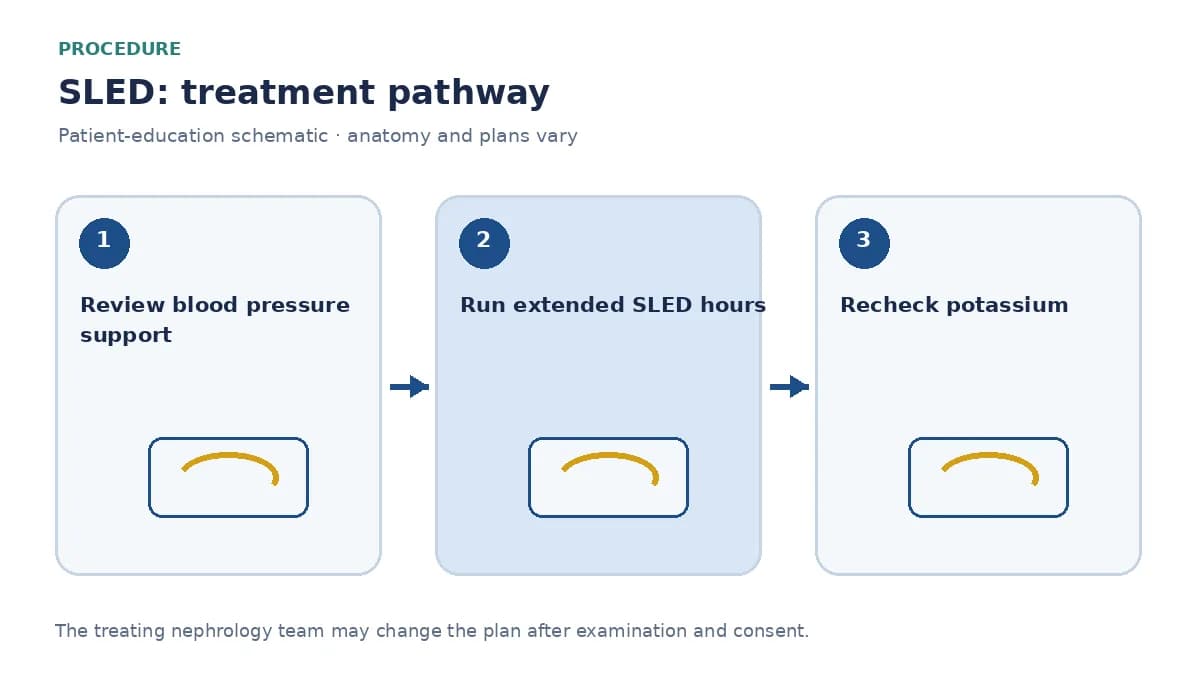Step-by-step SLED pathway showing haemodynamic review, extended dialysis hours and laboratory checks