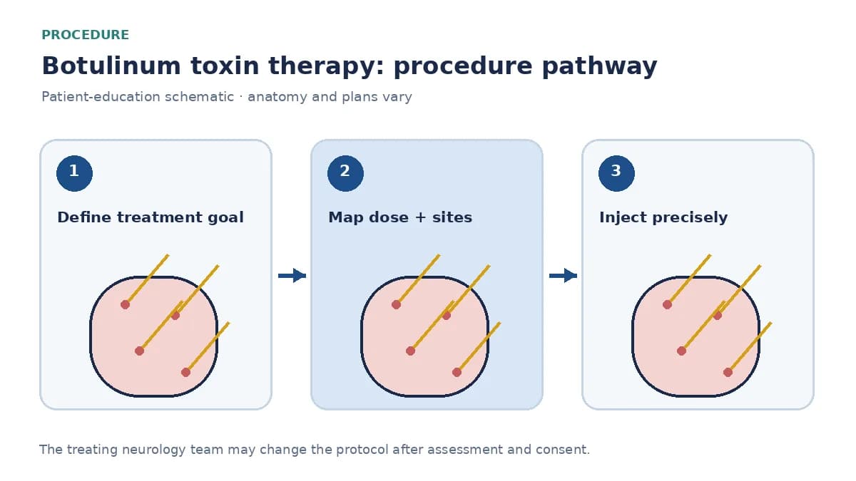 Numbered botulinum therapy pathway showing goal selection, dose and site mapping, and targeted injection