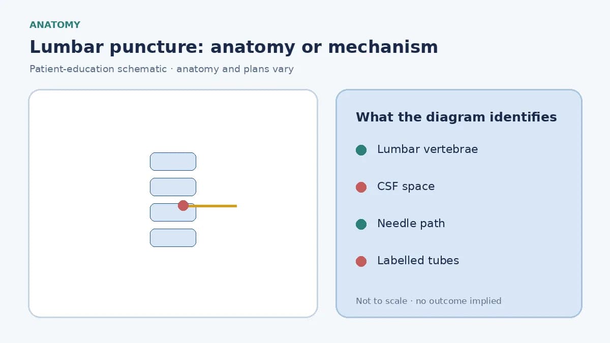 Patient-education diagram showing a lumbar needle entering the lower spinal CSF space below the spinal cord