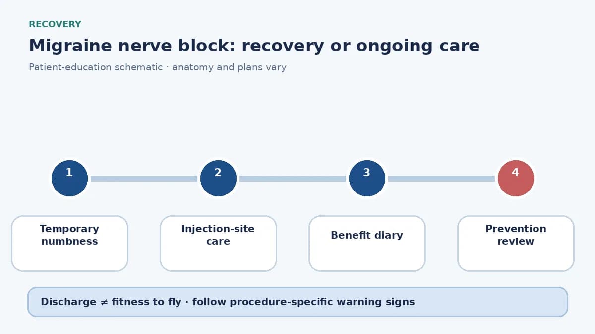 Migraine nerve-block aftercare diagram showing temporary numbness, warning signs and preventive-treatment review