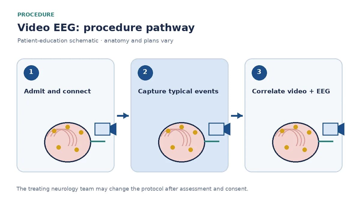 Numbered Video EEG pathway showing monitored admission, event capture and electroclinical specialist review