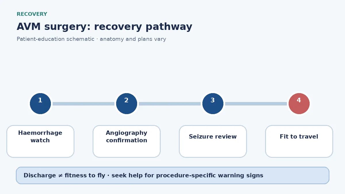 AVM-surgery recovery pathway showing ICU haemorrhage watch, angiography confirmation and travel clearance