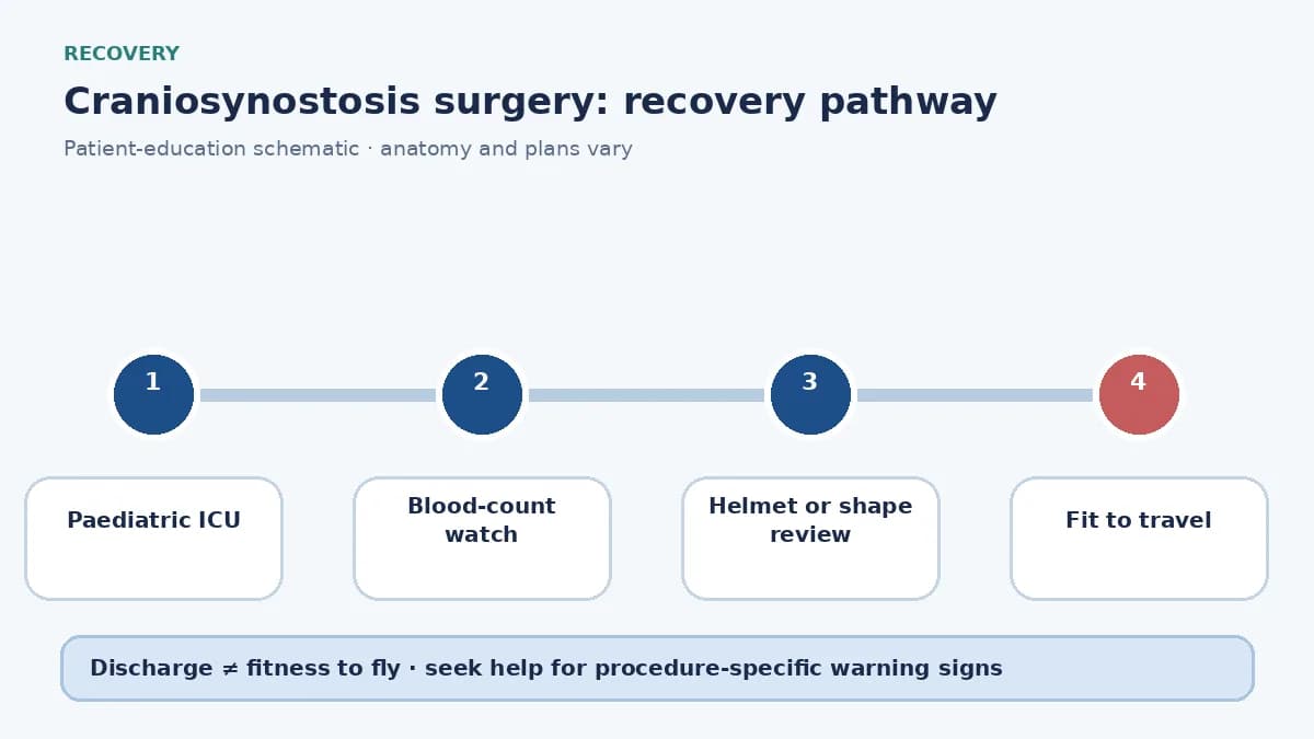 Craniosynostosis-surgery recovery pathway showing paediatric ICU monitoring, helmet follow-up and travel clearance