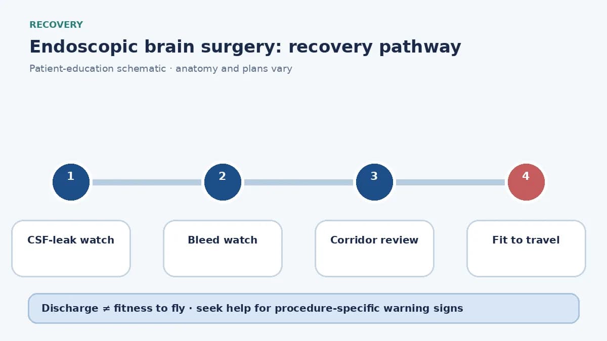 Endoscopic-brain-surgery recovery pathway showing CSF-leak watch, neurological checks and travel clearance