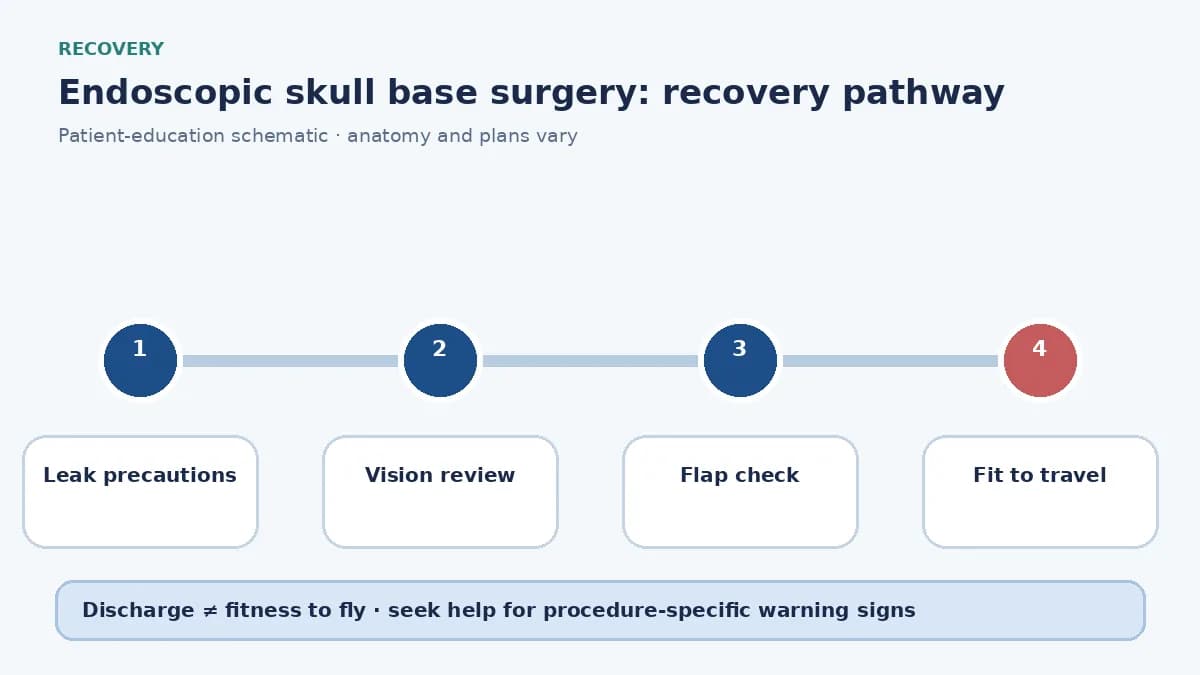 Endoscopic-skull-base recovery pathway showing CSF-leak precautions, vision review and travel clearance