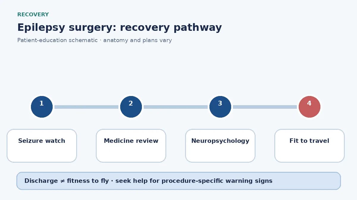 Epilepsy-surgery recovery pathway showing seizure watch, medicine review and travel clearance