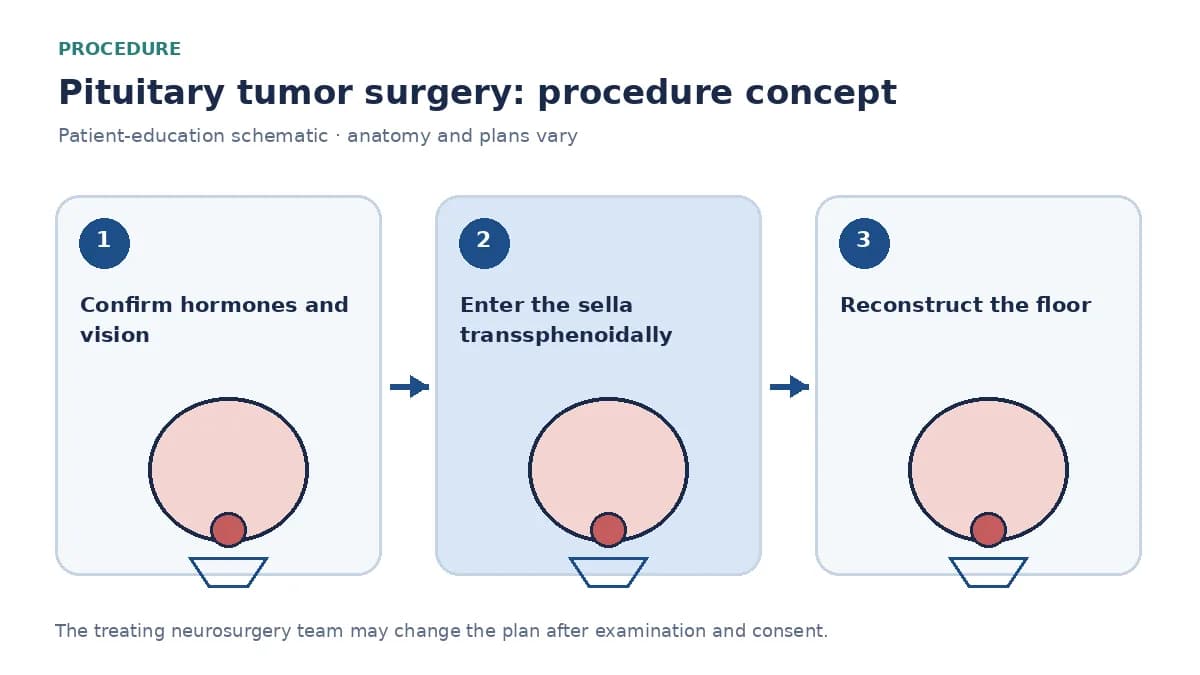 Clinical diagram of transsphenoidal endoscopic removal of a pituitary tumour and sellar reconstruction