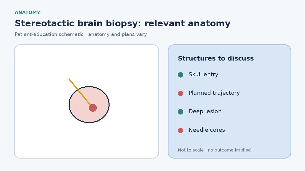 Medical illustration of a stereotactic trajectory from the skull surface to a deep brain lesion