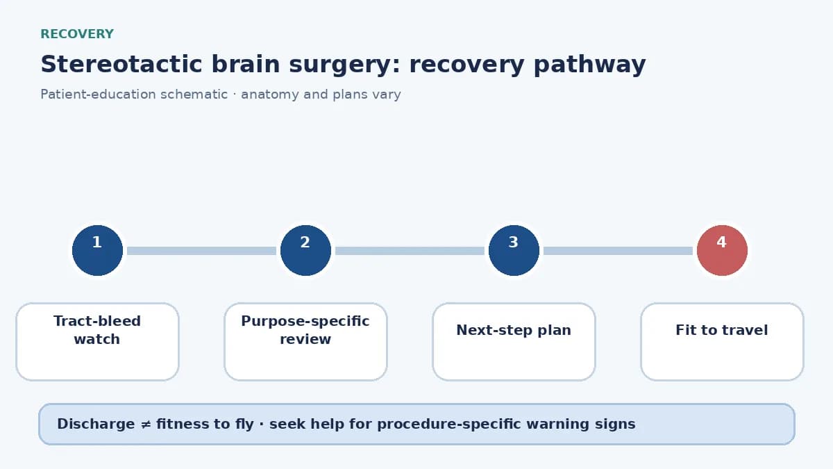 Stereotactic-brain-surgery recovery pathway showing tract-bleed watch, purpose-specific follow-up and travel clearance