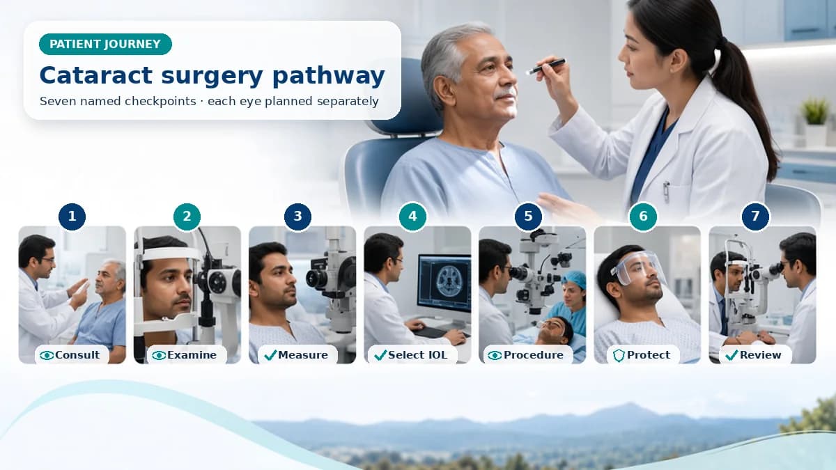 Realistic seven-stage cataract surgery journey showing ophthalmology consultation, slit-lamp assessment, optical measurements, lens choice, day-care procedure, eye protection and clinical review