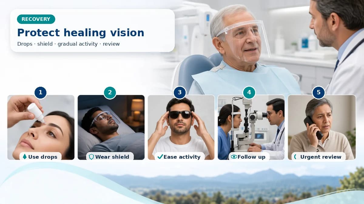 Realistic five-stage cataract recovery pathway showing prescribed eye drops, protective shield, cautious return to activity, slit-lamp follow-up and urgent telephone review for warning symptoms
