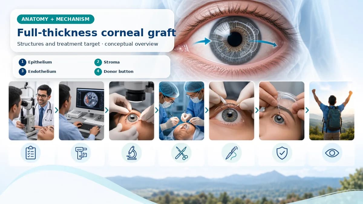 Realistic Corneal Transplantation anatomy and mechanism composition showing Penetrating keratoplasty replaces a full-thickness circular corneal button, including stroma, Descemet membrane and endothelium, with donor tissue. with procedure-specific clinical examination scenes