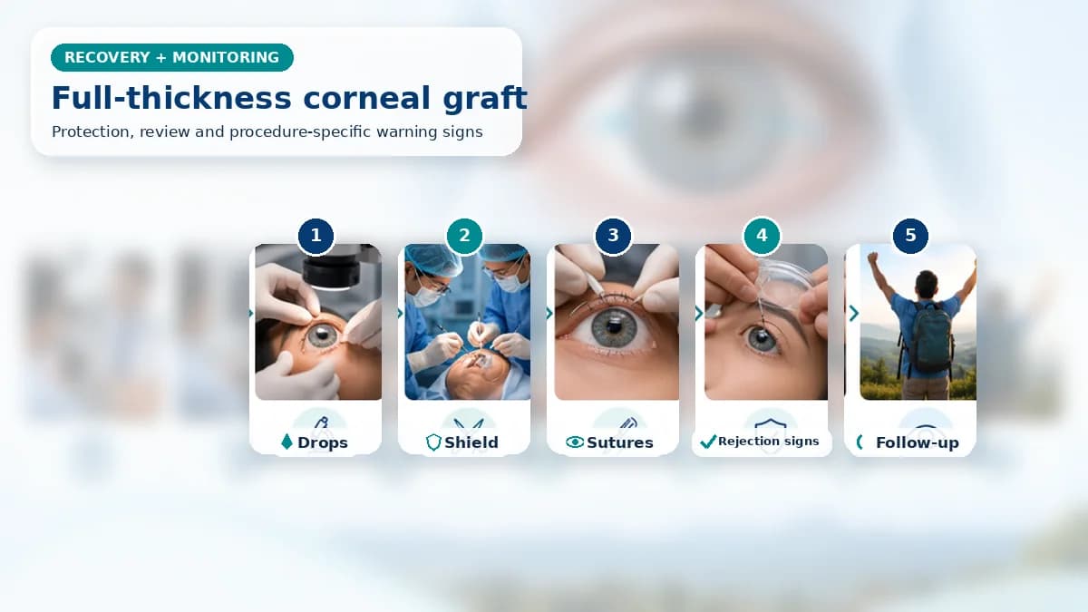 Realistic Corneal Transplantation recovery composition with patient-care scenes showing monitoring, protection, follow-up and urgent review after penetrating corneal transplantation
