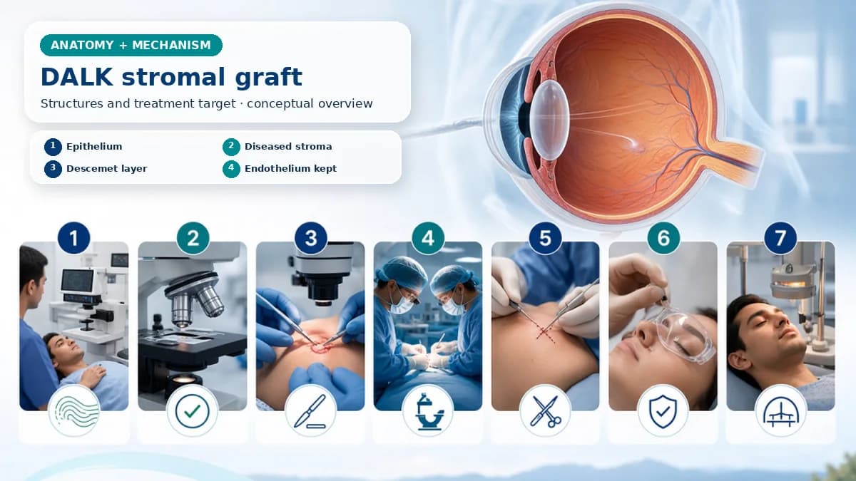 Realistic DALK anatomy and mechanism composition showing DALK removes diseased corneal stroma down toward Descemet membrane while retaining the recipient's healthy Descemet layer and endothelium. with procedure-specific clinical examination scenes