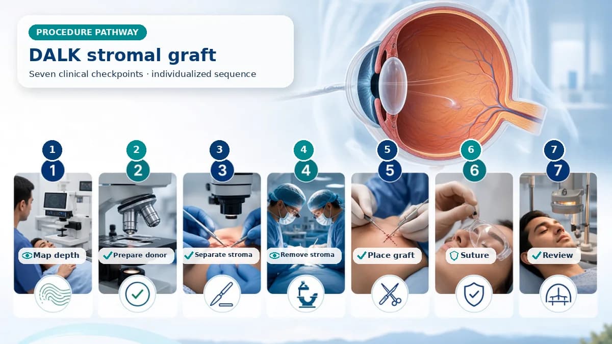 Realistic numbered DALK pathway showing assessment, preparation, The surgeon separates and removes anterior and deep stroma, preserves recipient Descemet membrane, places a donor stromal graft and sutures it. and immediate clinical review