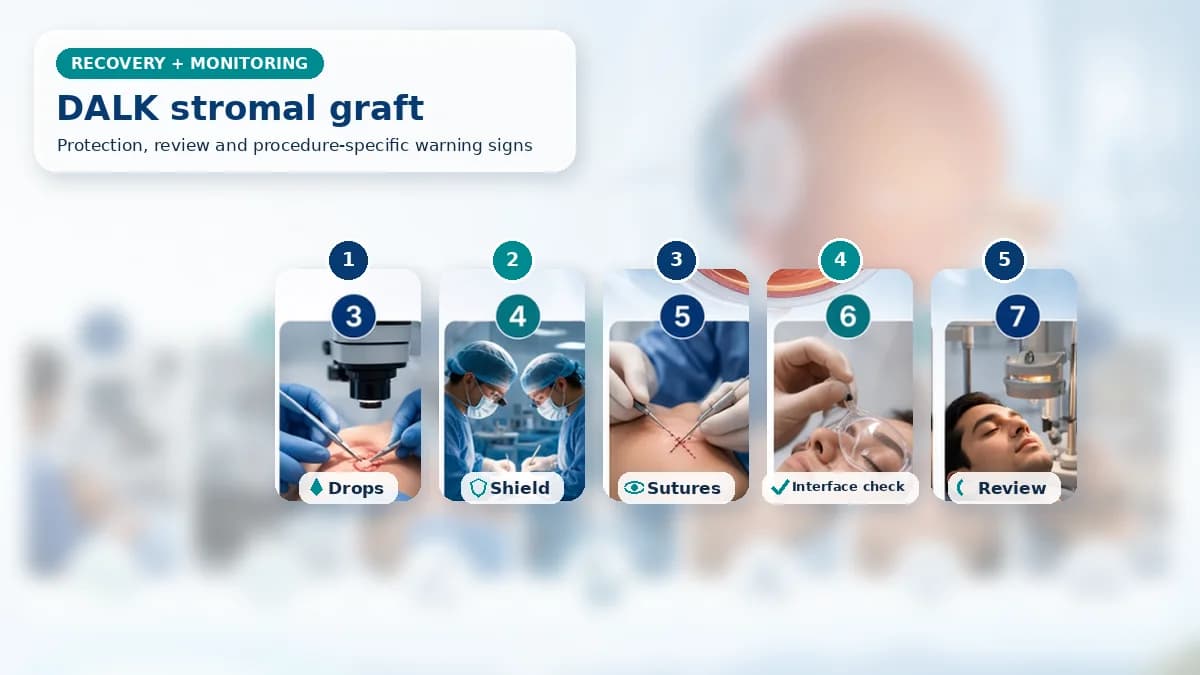 Realistic DALK recovery composition with patient-care scenes showing monitoring, protection, follow-up and urgent review after deep anterior lamellar keratoplasty