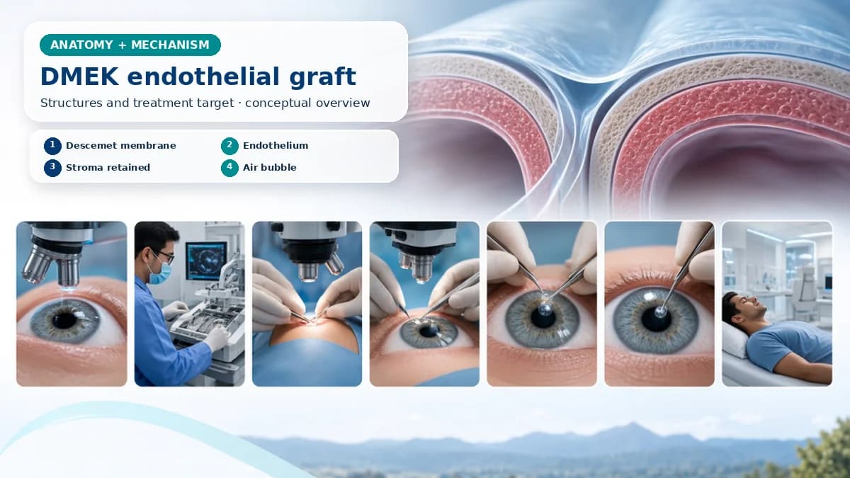 Realistic DMEK anatomy and mechanism composition showing DMEK replaces diseased Descemet membrane and endothelium with a very thin donor membrane while retaining the recipient's anterior cornea and stroma. with procedure-specific clinical examination scenes