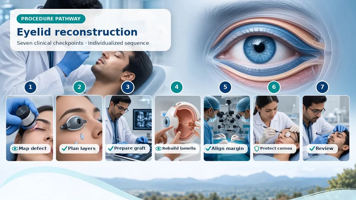 Realistic numbered Eyelid Reconstruction Surgery pathway showing assessment, preparation, The surgeon reconstructs missing layers with local advancement or rotation, flap, graft or staged technique while aligning margin and protecting the globe. and immediate clinical review