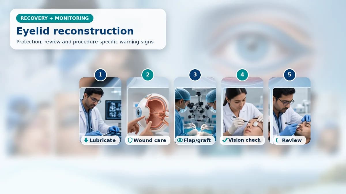 Realistic Eyelid Reconstruction Surgery recovery composition with patient-care scenes showing monitoring, protection, follow-up and urgent review after eyelid reconstruction