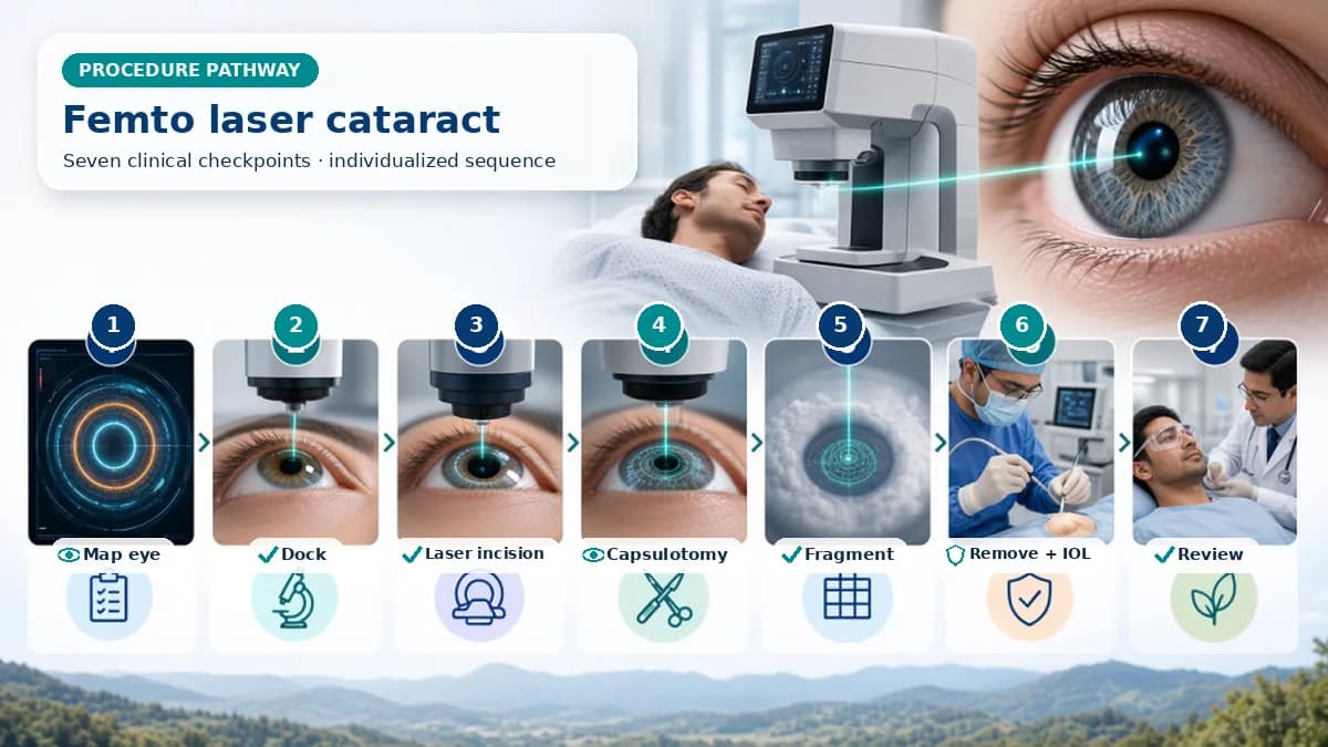 Realistic numbered Femto Laser Cataract Surgery pathway showing assessment, preparation, The eye is docked to the laser for selected incisions, capsulotomy and lens fragmentation; the surgeon then removes lens material, inserts the IOL and checks the wound. and immediate clinical review