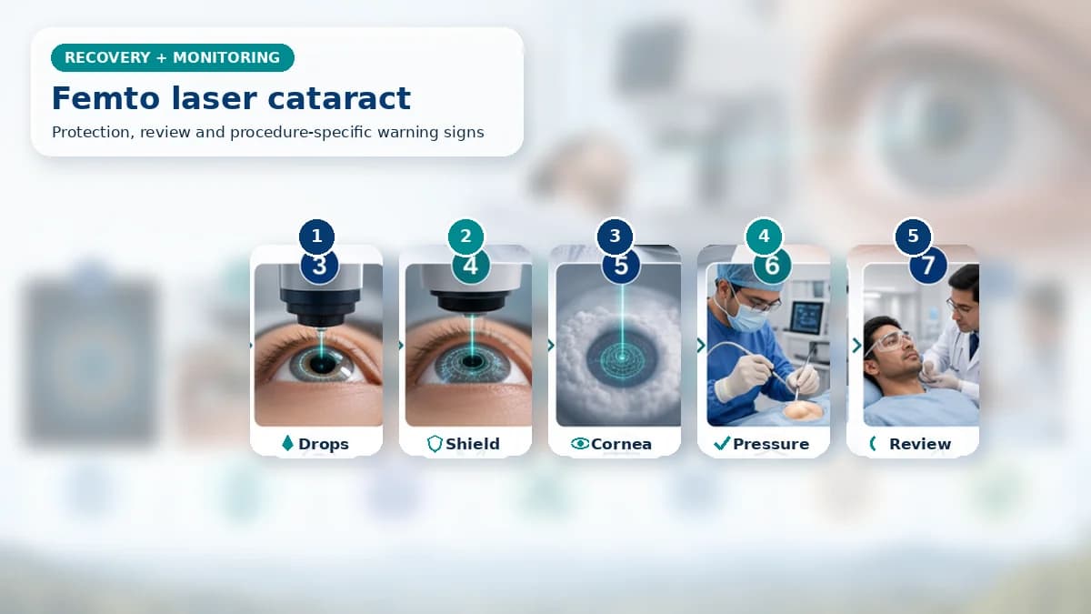 Realistic Femto Laser Cataract Surgery recovery composition with patient-care scenes showing monitoring, protection, follow-up and urgent review after femtosecond laser cataract surgery